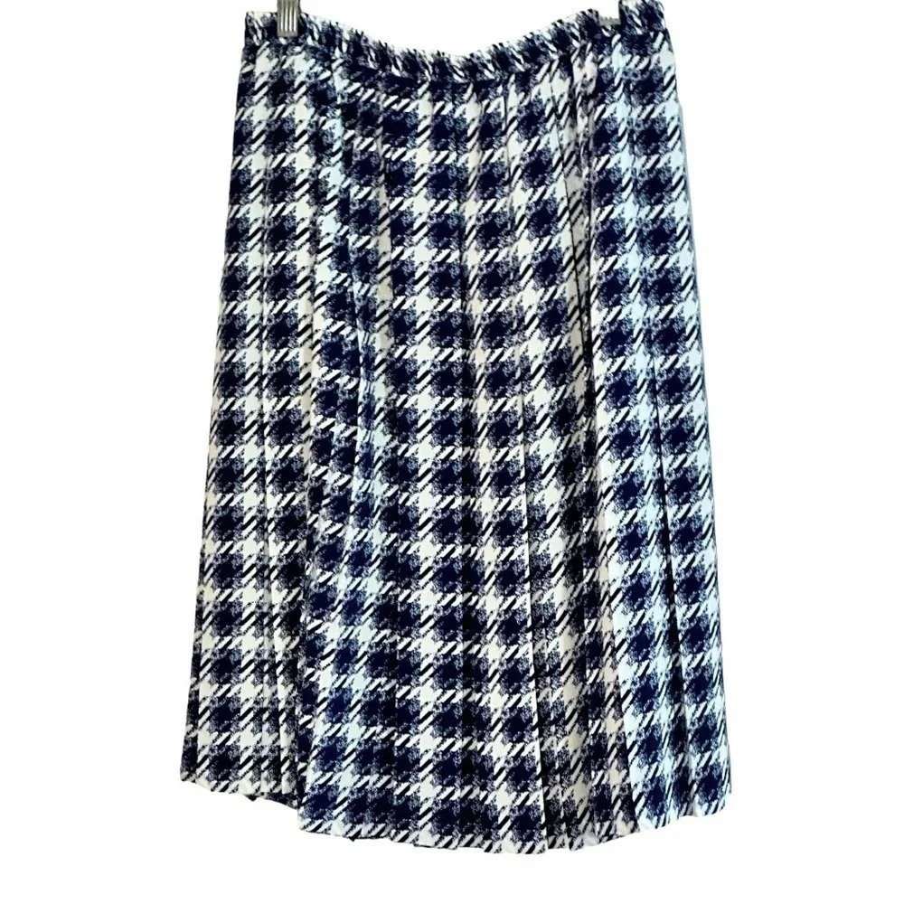 VINTAGE LESLIE FAY Navy White Houndstooths Pleated MIDI Skirt Size 12P